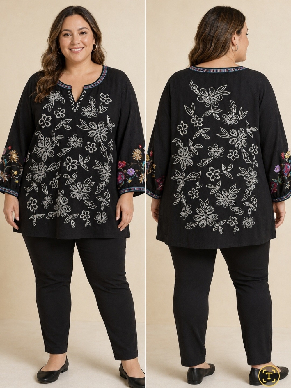 John Mark Black Tunic with White Floral Embroidery and Multicolor Sleeve Accents